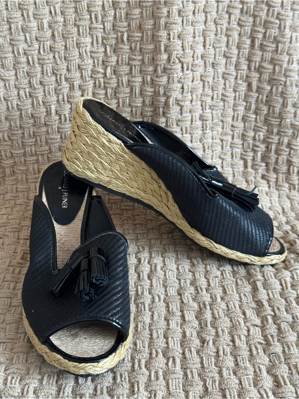 Donald J. Pliner Black Peep-Toe Wedge Espadrille with Tassel